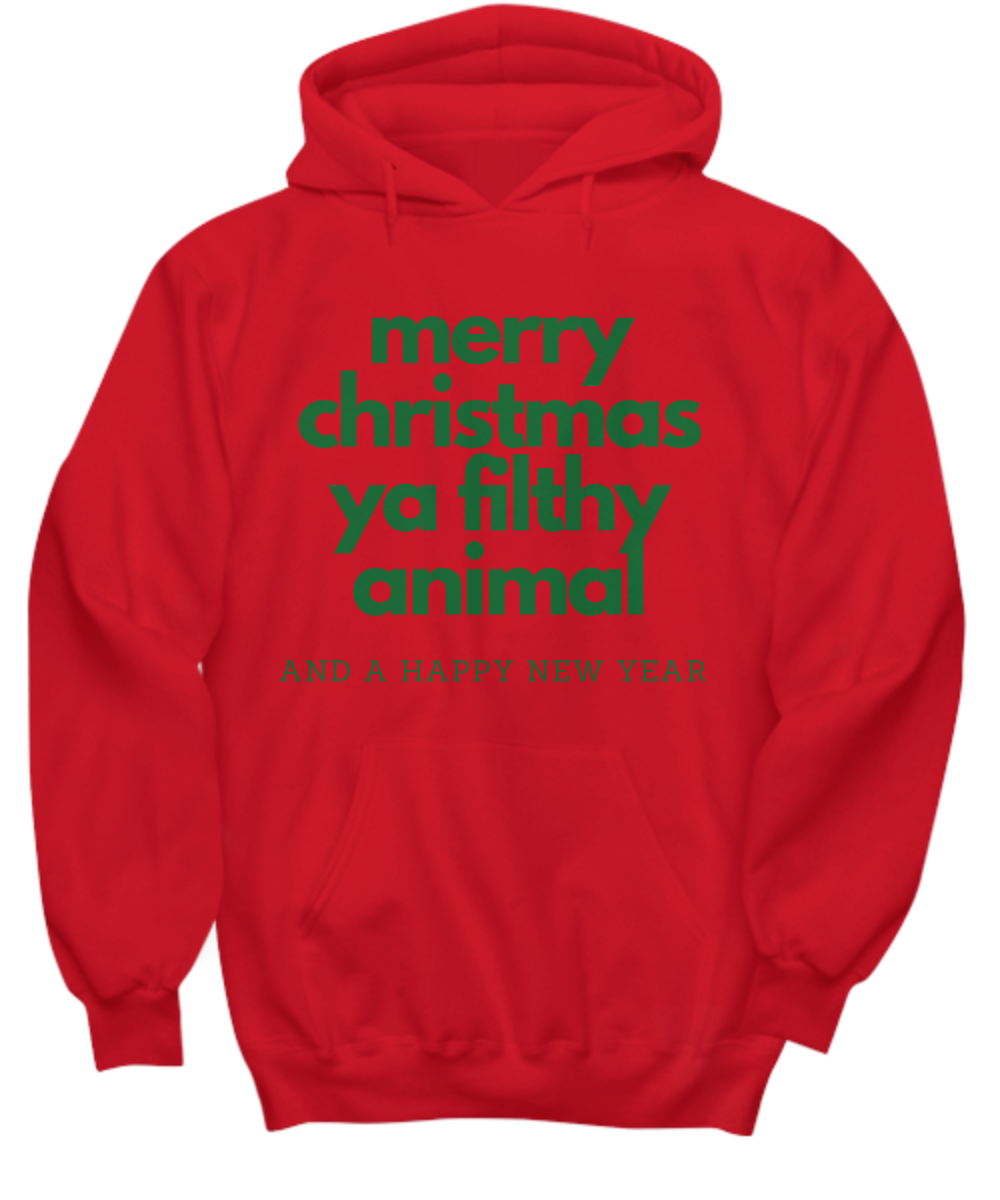 Merry Christmas Ya Filthy Animal Green on Red Hoodie